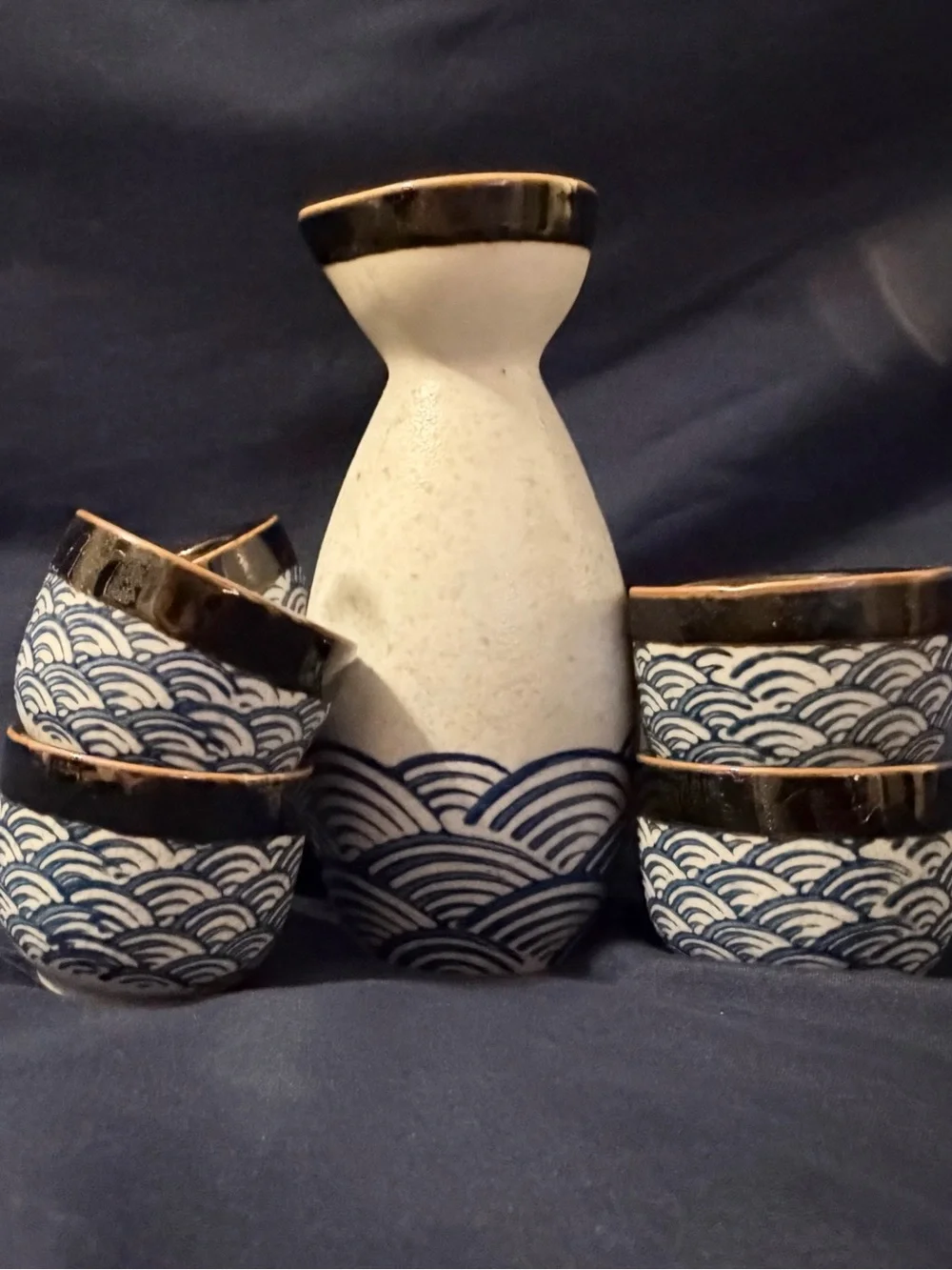 Japanese Style 7 pc Ceramic Sake Set w/Cobalt Blue Waves and Dark Trim NWOT